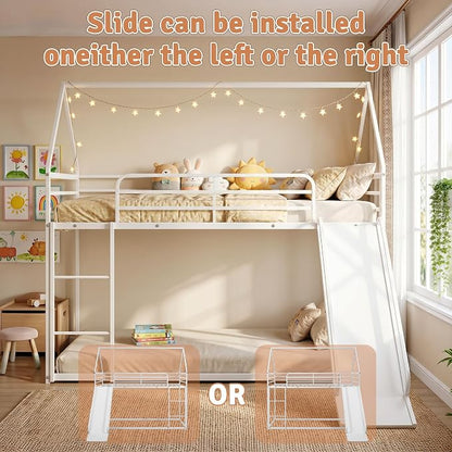 Bunk Bed with Slide, Twin Over Twin Bunk Bed with Ladder and Guardrail, Space Saving & Heavy Duty House Loft Bed for Kids, No Box Spring Needed(White)