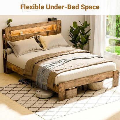 Zevemomo Full Size Bed Frame with Headboard, Full Size Bed Frame with Charging Station, Built in LED Light Strip, Noiseless, No Box Spring Needed, Rustic Brown(Rectangular Slot)