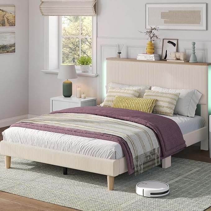 Bestier Twin Bed Frame with LED Lights& Shelf, Corduroy Upholstered Platform Bed with Adjustable Headboard, Solid Wood Legs, Noise-Free, Easy Assembly, Beige for Bedroom