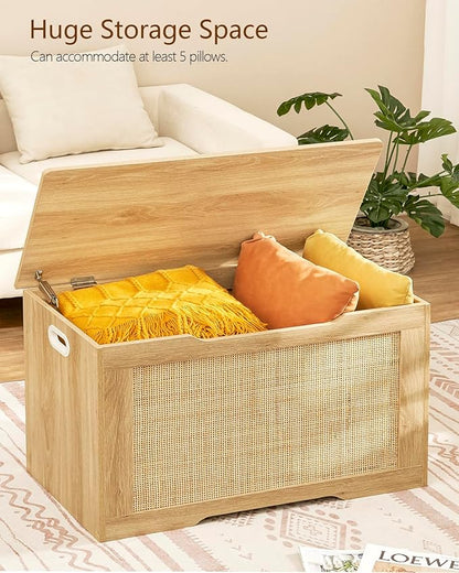 usikey 29.5” Storage Chest, Storage Bench with Storage, Toy Box with 2 Safety Hinges, Toy Chest for Bedroom, Shoe Bench, Supports 220 lb, for Living Room, Entryway, Natural
