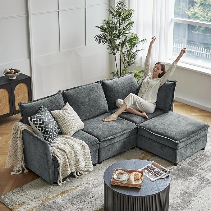 HULALA HOME 97'' Modular Sectional Sofa, L Shaped Couch with Storage Ottoman, Comfy Chenille Sofa with Deep Seat, 4 Seat Convertible Sectional Couches for Living Room, Grey