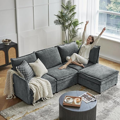 HULALA HOME 97'' Modular Sectional Sofa, L Shaped Couch with Storage Ottoman, Comfy Chenille Sofa with Deep Seat, 4 Seat Convertible Sectional Couches for Living Room, Grey