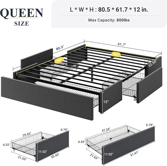 Allewie Queen Size Platform Bed Frame with 3 Storage Drawers, Fabric Upholstered, No Box Spring Needed, Metal Slats Support, Easy Assembly, Dark Gray