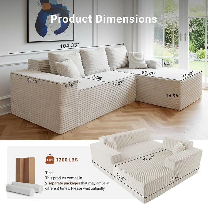 Claiks 104" Boneless Couch, Cloud Couch Sectional, L-Shape Corduroy Modular Sectional Sofa Deep Seat, Upholstered Couches for Living Room, No Assembly Required, Beige, Right Facing Chaise