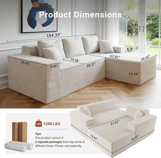 Claiks 104" Boneless Couch, Cloud Couch Sectional, L-Shape Corduroy Modular Sectional Sofa Deep Seat, Upholstered Couches for Living Room, No Assembly Required, Beige, Right Facing Chaise