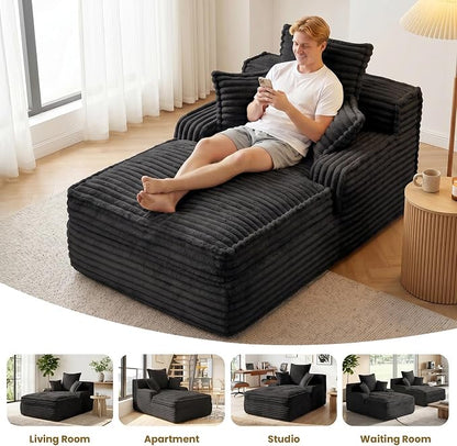 57 Inch Boneless Couch Lounge Chaise, Corduroy Upholstered Boneless Sofa Bed, Deep Seat Sleeper Couch Reading Chairs, Cozy Cloud Sofa Couches for Small Spaces, No Assembly Required, Black