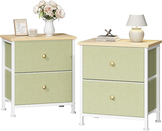 DUMOS Nightstand Set of 2, Bedside Table for Bedroom, Small Dresser | Side/End Table with 2 Fabric Drawers, Storage Cabinet Furniture, 20 Inch Night Stand for Closet, Entryway, Light Green 2Pack