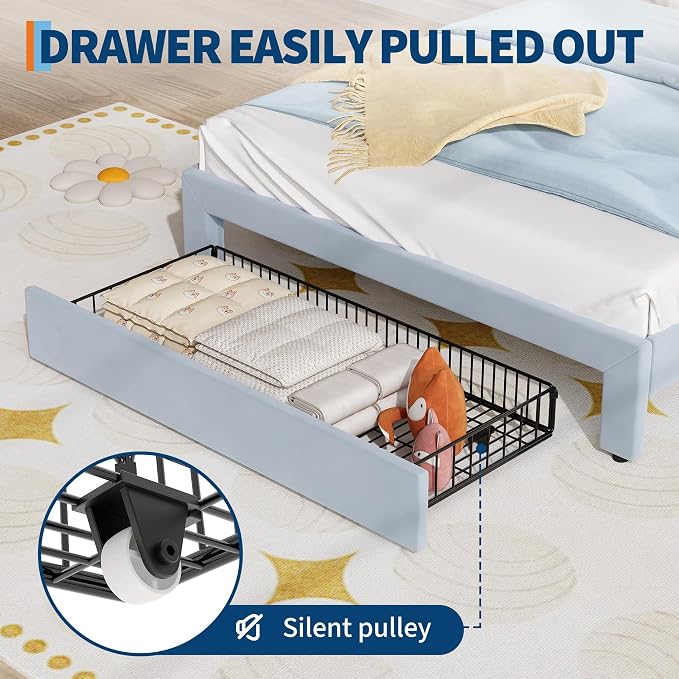 Garvee Full Size Bed Frame with Storage Drawer and Cat Headboard, Platform Bed Frame with RGB LED Lights, Strong Wood Slats Support, Noise Free, No Box Spring Needed, Easy Assembly, Blue and White