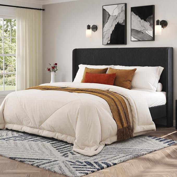 AMERLIFE Queen Bed Frame, Upholstered Platform Bed with Corduroy Headboard, Easy Assembly Modern Black Bed Frame with Wooden Slats Support, No Box Spring Needed