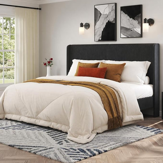 AMERLIFE Queen Bed Frame, Upholstered Platform Bed with Corduroy Headboard, Easy Assembly Modern Black Bed Frame with Wooden Slats Support, No Box Spring Needed