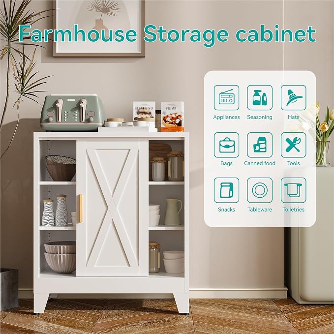 37” H Coffee Bar Storage Cabinet with Sliding Door and Adjustable Shelves,31.5" Wide by 15.8" Deep Small Metal Cabinet,Buffet Sideboard for Living Room Kitchen,White