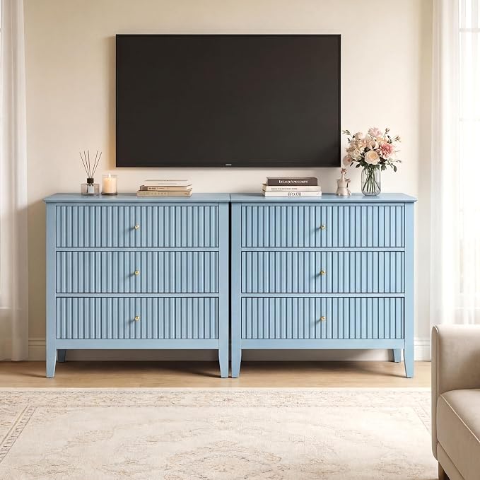 RoyalCraft Fluted 3 Drawer Dresser Set of 2, 32'' Wide Dresser Nightstand for Bedroom, Modern Wood Chest of Drawers, Large Painted Nightstand with 3 Drawers for Closet, Hallway, Entryway, Light Blue