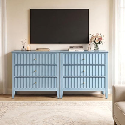 RoyalCraft Fluted 3 Drawer Dresser Set of 2, 32'' Wide Dresser Nightstand for Bedroom, Modern Wood Chest of Drawers, Large Painted Nightstand with 3 Drawers for Closet, Hallway, Entryway, Light Blue