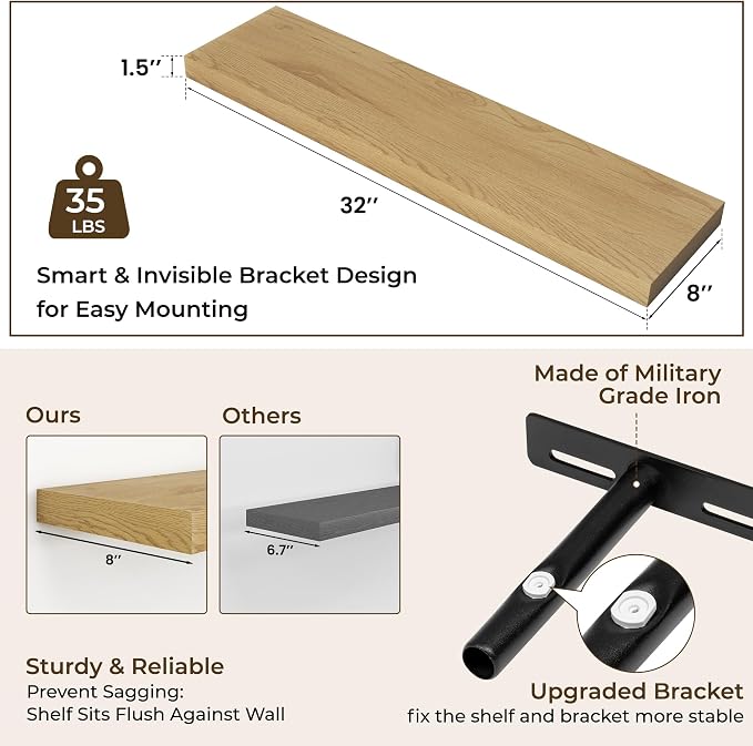 RICHFOCUS 31.5Inch Floating Shelves for Wall 2 Pack Shelves for Bedroom|Kitchen|Bathroom Wall Mounted Rustic Wood Floating Shelf with Invisible Brackets for Books|Storage|Decor, Oak