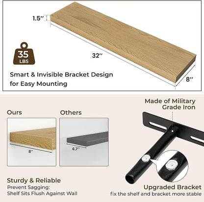 RICHFOCUS 31.5Inch Floating Shelves for Wall 2 Pack Shelves for Bedroom|Kitchen|Bathroom Wall Mounted Rustic Wood Floating Shelf with Invisible Brackets for Books|Storage|Decor, Oak