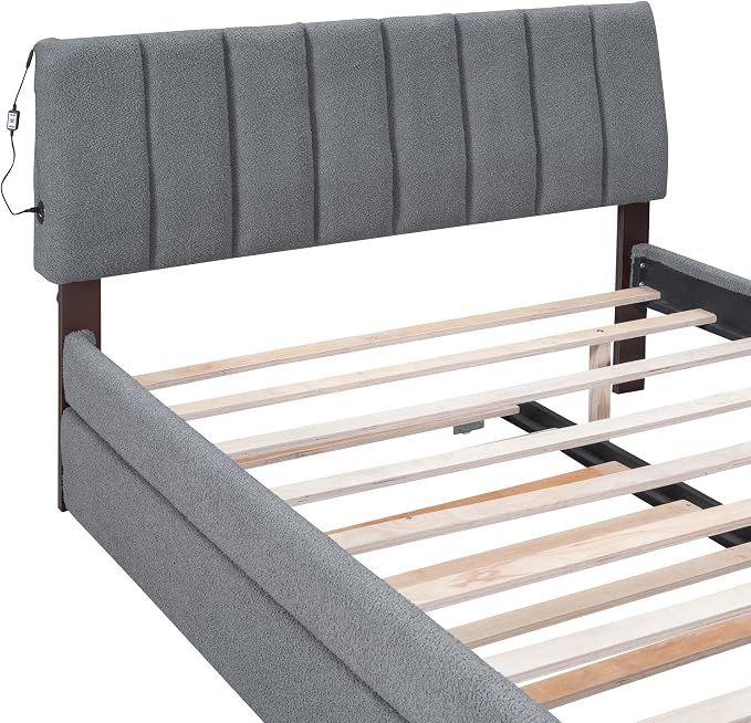 Bellemave Full Bed Frame with Trundle and LED Lights,Teddy Fleece Upholstered Platform Bed Frame with USB,Full Size Trundle Bed with Headboard for Kids Teens Adults,Gray