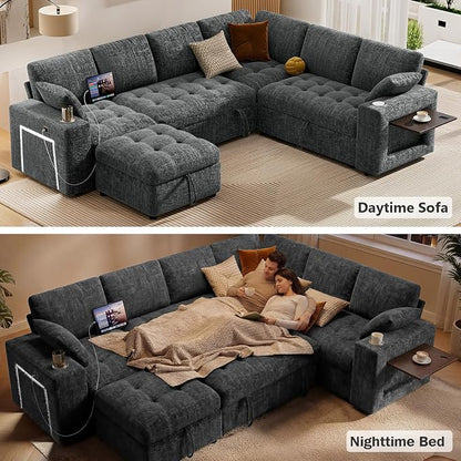 Vipbear 111" Modular Sectional Sleeper Sofa with Pull Out Bed, 7 Seat Chenille L Shaped Couch with Storage Ottoman|USB Ports|Cup Holders|Side Table|LED Light, Tool Free Assembly, Grey