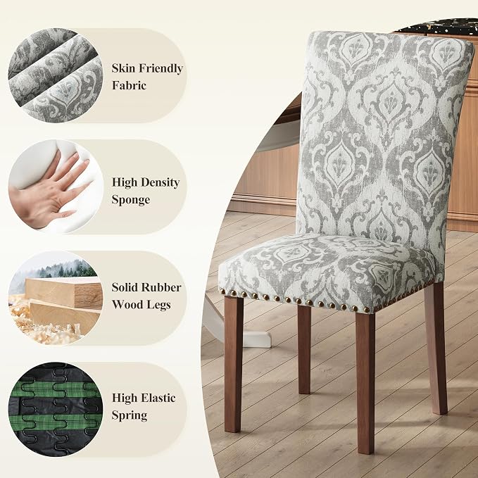 COLAMY Upholstered Parsons Dining Chairs Set of 4, Fabric Dining Room Kitchen Side Chair with Nailhead Trim and Wood Legs - Grey/White Flower