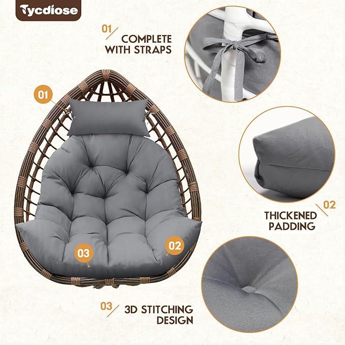 Outdoor Hanging Egg Chair Cushion Replacement, Thicken Egg Chair Cushion Waterproof Basket Eggs Chairs Cushion with Headrest Pillow, U-Shaped Cushions for Hanging Eggs Chairs Swing (Grey)