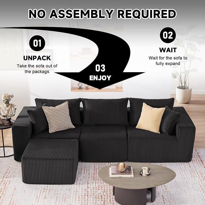Weture 107.4" Cloud Couch Sectional, Modular Sofa with Deep Seat, Plush Corduroy L Shaped Boneless Couch, Convertible Sectional Couches for Living Room, 4Seat, Black