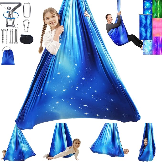 Sensory Swing for Kids and Adults Indoor & Outdoor Double Layer Therapy Cuddle Holds up to 300lbs Adjustable Swing Hammock Chair with 360° Swivel Hanger Kit Effect for Aspergers Autism ADHD(Star Blue)
