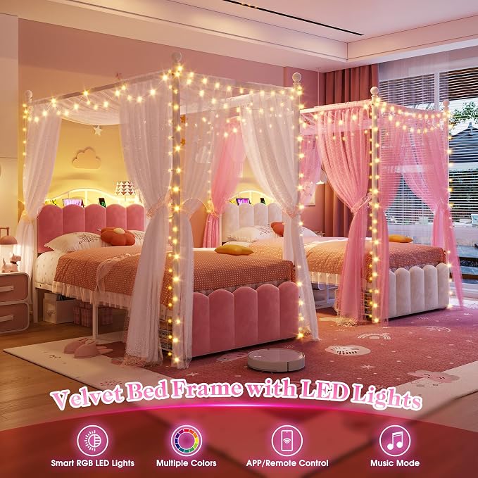 Homkdom Canopy Bed Frame Twin with Storage Drawers and LED Lights & Charging Station,Princess Velvet Upholstered Headboard,Heavy Duty 880lb,Easy Assembly,Pink