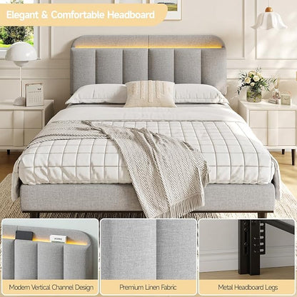 Adjustable Headboard for Full/Queen Size Bed Frame, Linen Fabric Bed Headboard with Storage & RGB LED Light in Modern Vertical Channel Design, Light Grey