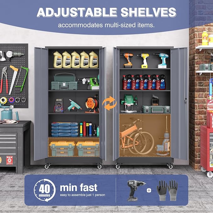 Metal Garage Cabinet with Wheels, Tall Storage Cabinet with 4 Adjustable Shelves and 2 Doors, Lockable Tool Cabinet for Garage Home Office,Gym,School (Black-Gray)