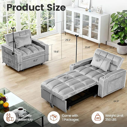 4 in 1 Sleeper Chair, Velvet Pull Out Chair Sleeper with Bracket and Cup Holder, Chairs Bed Sleepers with USB Port for Adults, Sofa Bed Chairs for Small Spaces, Living Room, Gray