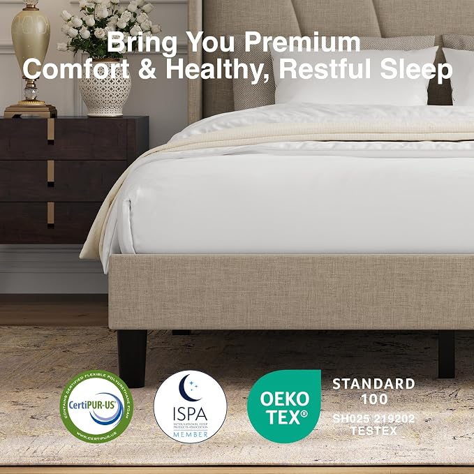 Novilla Full Size Bed Frame, Full Bed Frame with Headboard, Linen Upholstered Wing Side Headboard, No Box Spring Needed, Heavy Duty Feet, Easy Assembly, Beige