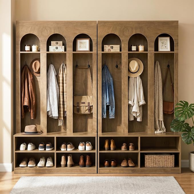 LITTLE TREE Hall Tree, 70" Entryway Bench with Coat Rack and Shoe Storage | 6 Double Hooks, Mudroom Bench with Storage and Hooks, Entryway Storage Furniture, Farmhouse Hall Tree, Hallway Tree, Brown