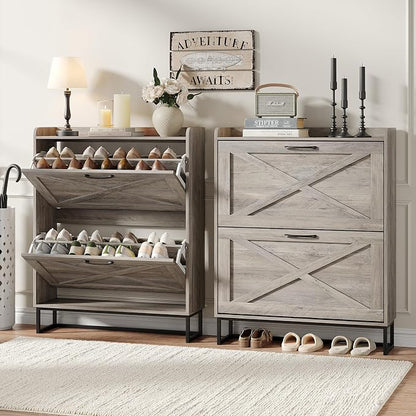 Maupvit Shoe Cabinet with 2 Flip Drawers, Freestanding Shoe Cabinet Organizer with Metal Legs, Shoes Storage Cabinet for Entryway, Narrow Shoe Rack Cabinet, Washed Gray