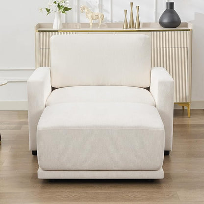 44.2" Chenille Oversized Chair with Movable Ottoman, Modular 1 Seat Couch with Thickened Cushions, Modern Single Sofa Chaise Lounge Reading Chair for Living Room, Small Apartment, White