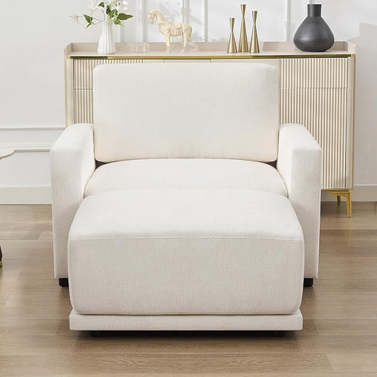 44.2" Chenille Oversized Chair with Movable Ottoman, Modular 1 Seat Couch with Thickened Cushions, Modern Single Sofa Chaise Lounge Reading Chair for Living Room, Small Apartment, White