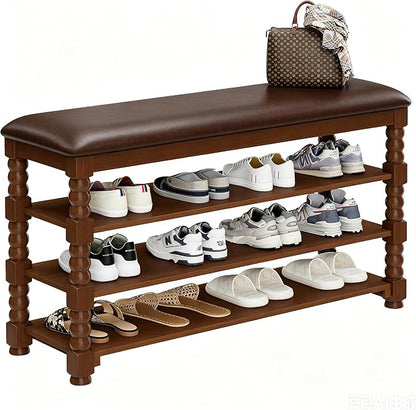 Homleke 3-Tier Solid Wood Shoe Rack Bench with Classic Turned Ball Legs | Tall Entryway Bench with Leather Seat, Holds Up to 12 Pairs, for Hallway, Bedroom and Closet, Walnut, 39.4 Inch