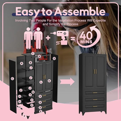 UNICOLY Pantry Kitchen Cabinet with Drawer, 75" Tall Pantry Storage Cabinet, Metal Storage Cabinets with Doors and Shelves, Large Freestanding Cupboard for Dining Room, Assembly Required, Black