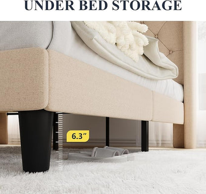Allewie Full Size Bed Frame with Button Tufted Wingback Headboard, Modern Upholstered Bed Frame with Solid Wooden Slats Support - No Box Spring Needed, Easy Assembly, Beige