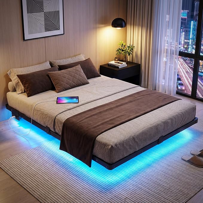Liians Queen Size Floating Bed Frame with USB Charging Station and LED Lights, Modern Metal Platform Bed Frame with Mattress Slide Stopper, Noise Free No Box Spring Needed and Easy Assembly