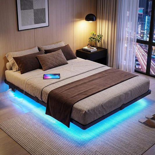 Liians Queen Size Floating Bed Frame with USB Charging Station and LED Lights, Modern Metal Platform Bed Frame with Mattress Slide Stopper, Noise Free No Box Spring Needed and Easy Assembly