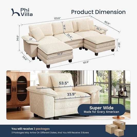 PHI VILLA Cloud Modular Couch Sets, 123.6" Oversized Sectional Sofa with U-Shaped Chaise, 5-Seater Couches with 2 Movable Ottomans for Living Room, Corduroy Beige