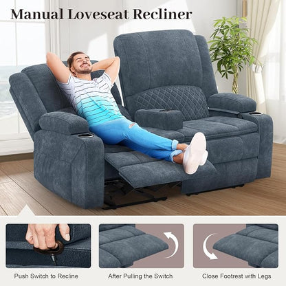 Yolsali Loveseat Recliner Sofa, Manual Reclining Loveseat with Removable Armrest, Fabric 2 Seater Couch for RV with 2-Tier Cushions, USB Charging Ports, Cup Holders - Blue