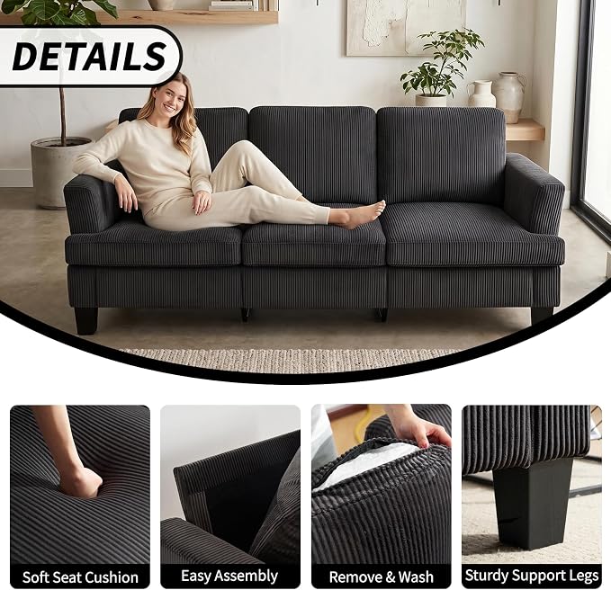 Modern 3 Seater Sofa for Living Room with Soft Deep Seats, Sofa 3 Seater in Linen, Upholstered Apartment Sofa with Armrests, Comfy Cozy Sofas for Bedroom (Corduroy, Dark Gray)