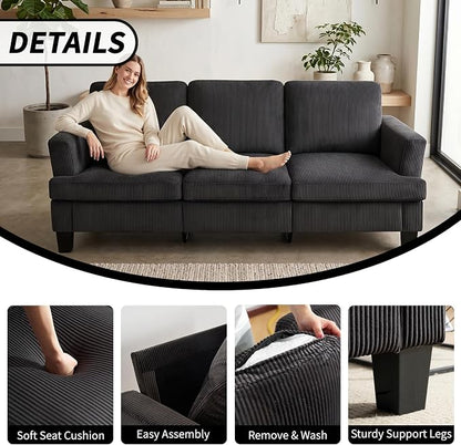 Modern 3 Seater Sofa for Living Room with Soft Deep Seats, Sofa 3 Seater in Linen, Upholstered Apartment Sofa with Armrests, Comfy Cozy Sofas for Bedroom (Corduroy, Dark Gray)