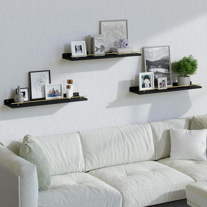 WOPITUES Floating Shelves 24 inch with Gold Metal Guardrail, Shelves for Wall Decor Set of 3, Wall Shelves for Bedroom, Bathroom, Kitchen, Living Room, Plants, Picture Frames, Art- Black and Gold