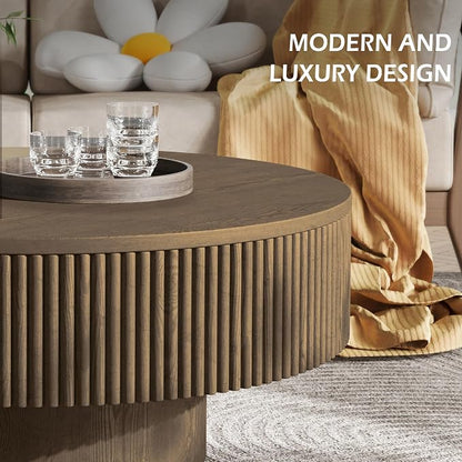 YOUDENOVA 35” Round Fluted Coffee Table, Modern Wood Circle Coffee Table, Veneer Handcrafted Relief Tea Table with Sturdy Pedestal for Living Room, Easy Assembly - Brown