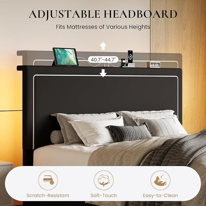 SHA CERLIN Full Size Hydraulic Lift-Up Storage Platform Bed Frame with Charging Station, RGB LED Lights, Adjustable Velvet Headboard, USB-A and USB-C Ports, No Box Spring Needed, Black