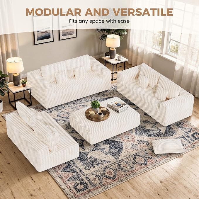 Luxanimarion 136'' Large Sectional Cloud Couches with Chaise, U Shaped Boneless Sofa Bed with Ottoman, No Assembly Required Deep Seat Modular Lounge for Living Room 4PCS Set, Bedroom(Beige)