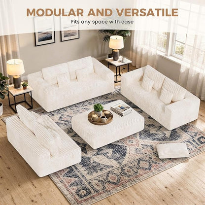 Luxanimarion 136'' Large Sectional Cloud Couches with Chaise, U Shaped Boneless Sofa Bed with Ottoman, No Assembly Required Deep Seat Modular Lounge for Living Room 4PCS Set, Bedroom(Beige)