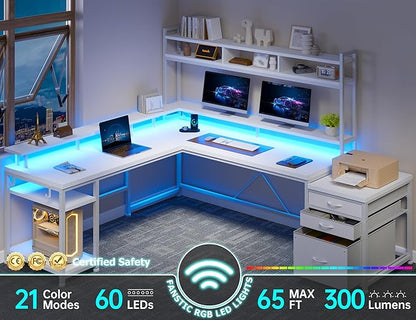 EnHomee 104''L Shaped Desk with 4 Layouts,Outlet for Two Person Home Office | 4 Layout Sizes 64''–104'', Multi-Room Compatibility, 4 AC+2 USB Outlet, Multi-Monitor Stand, Simultaneous Work and Charging