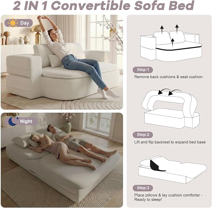 75" Boneless Couch Bed,Fold Up Sleeper Sofa for Adults, Memory Foam Floor Couch with 4 Pillows & Blanket, No Assembly Foldable Guest Bed for Apartment,Living Room